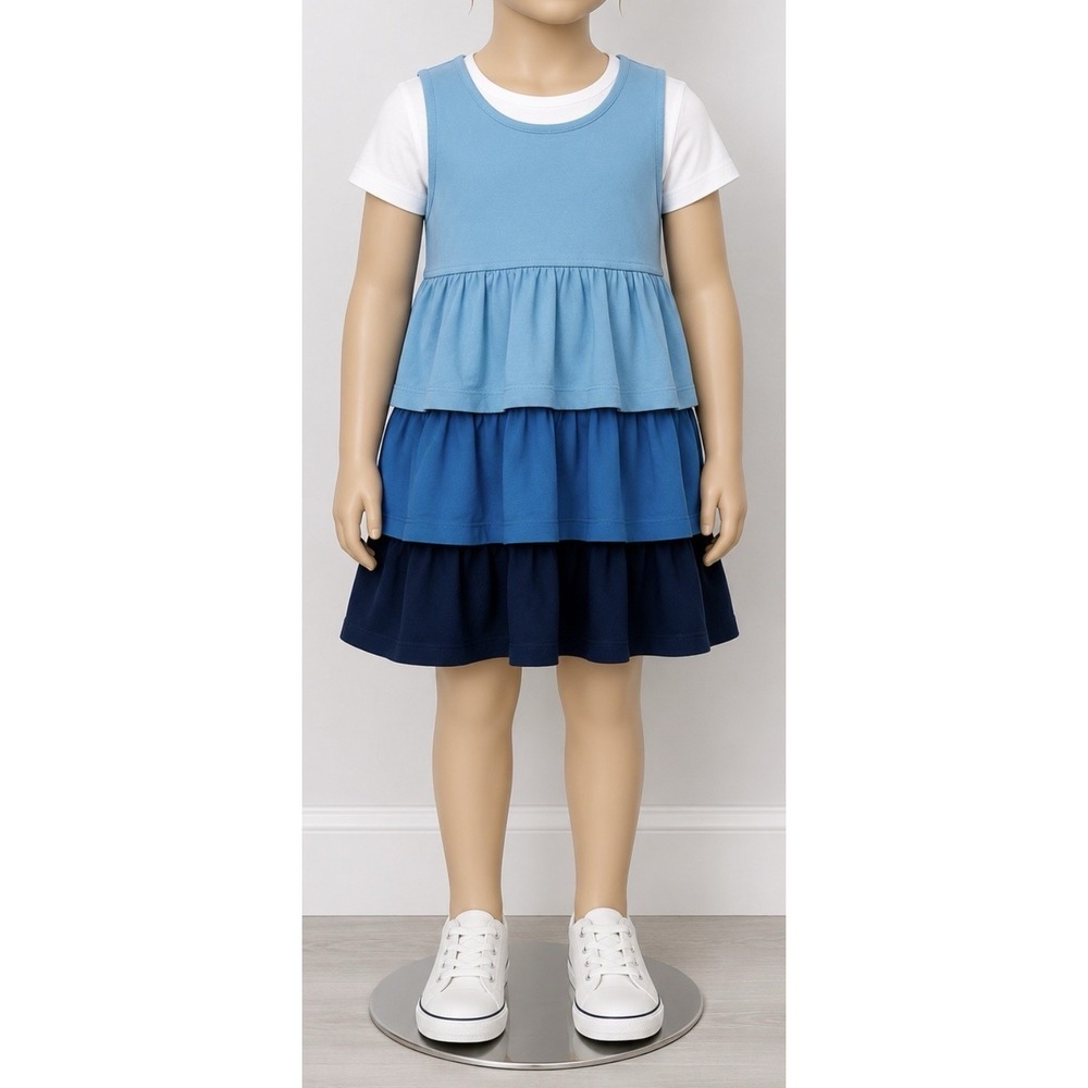 HANNA ANDERSSON Girls Ruffle Dress Blue Tiered Size 120 5 6 7 Organic Cotton